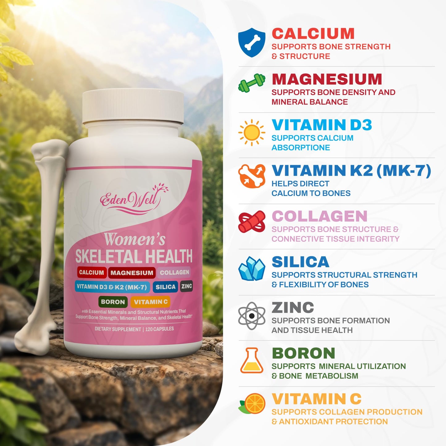 EDENWELL Women’s Skeletal Health Supplement with Calcium, Magnesium, Vitamin D3 & K2 (MK-7), Collagen, Silica, Zinc, Boron & Vitamin C – Bone Strength & Density Support, 60 Capsules