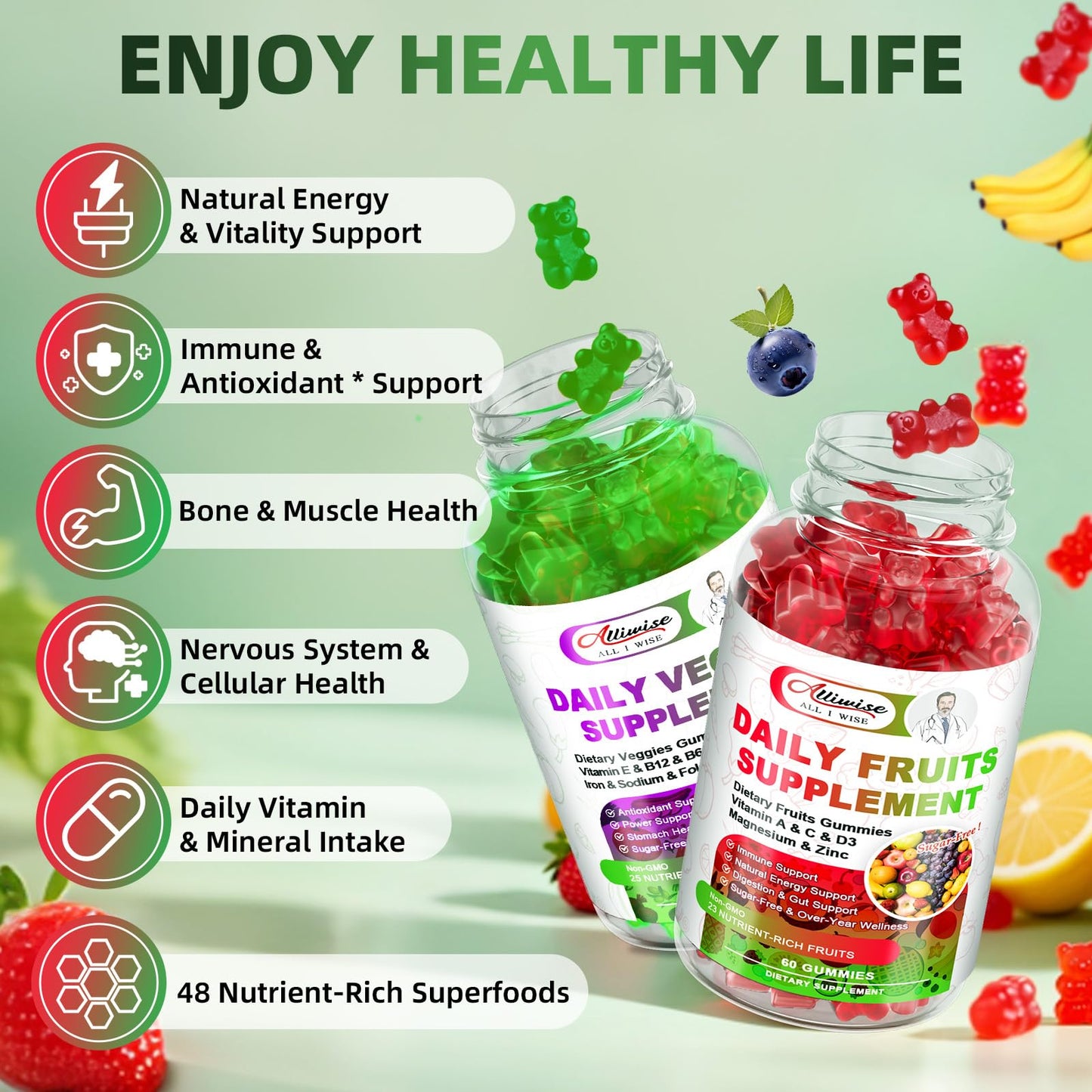 Alliwise Sugar-Free Fruits & Veggies, Super Greens with 23 Fruits & 25 Veggies, Multivitamin Minerals & Fiber, Vegan Fruit & Vegetable Supplement for Adults, 120 Gummies