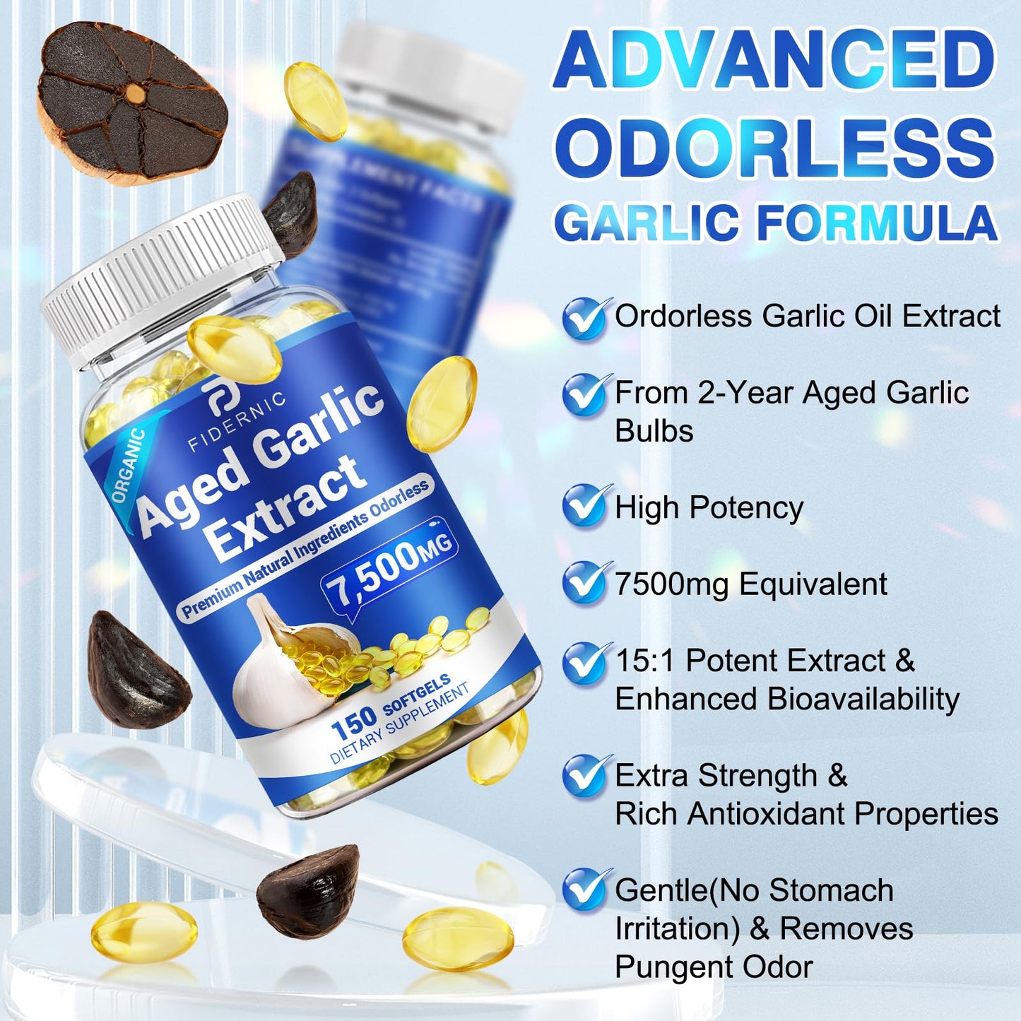 FIDERNIC Aged Garlic Extract Odorless Organic Garlic Supplement Softgels, 150 Count