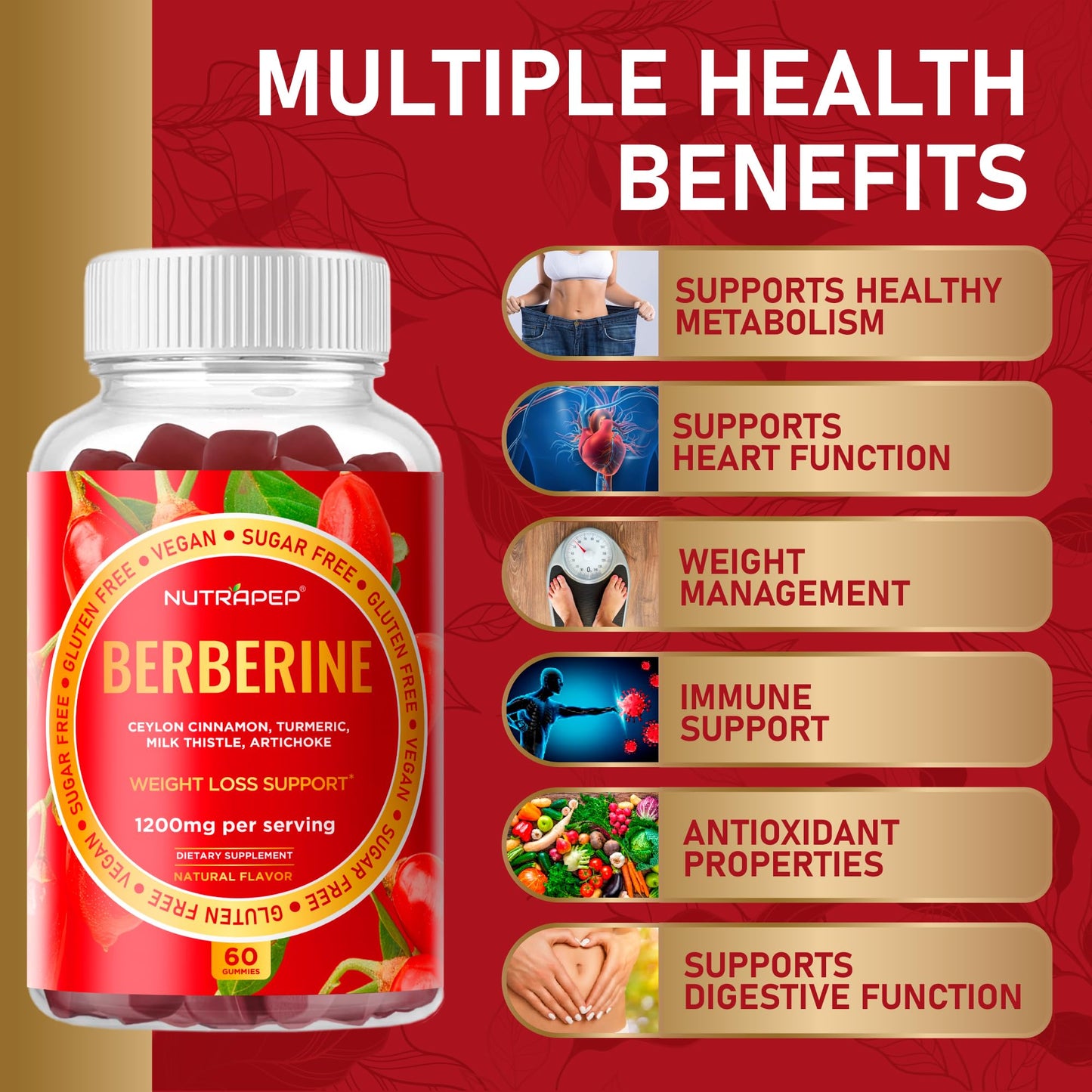 NutraPep Berberine HCl Weight Loss Support Gummies, 60 Count