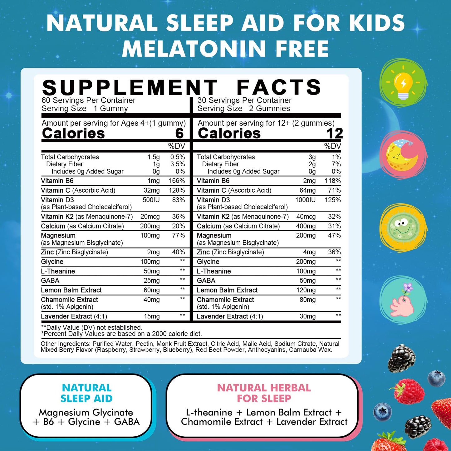 LUCNVEM Kids Sleep Gummies with Magnesium Bisglycinate – Melatonin-Free Bedtime Relaxation Support for Kids – L-Theanine, GABA, Chamomile & Lemon Balm – Sugar Free, 120 Gummies