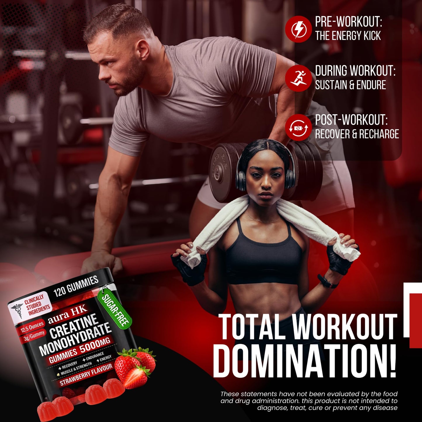 aura HK Creatine Monohydrate Gummies 5000mg Per Serving, Sugar Free, Strawberry Flavor, with Turmeric Root & Black Pepper, Vegan, 120 Gummies