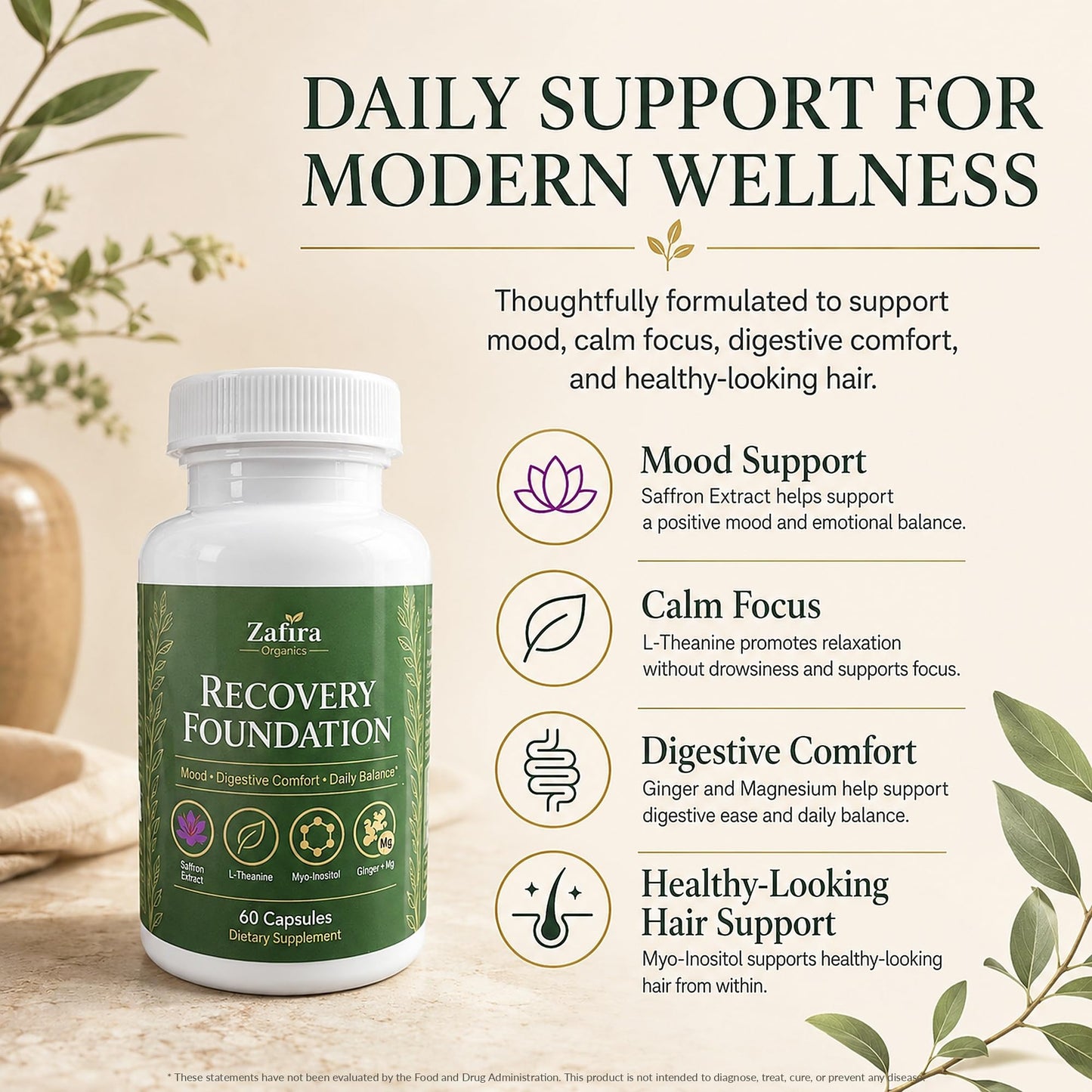 SHIADA Zafira Organics Recovery Foundation Saffron Extract & Myo-Inositol Supplement for Mood Support, Mental Clarity, Hair Health & Digestive Comfort with L-Theanine, Ginger & Magnesium, 60 Capsules