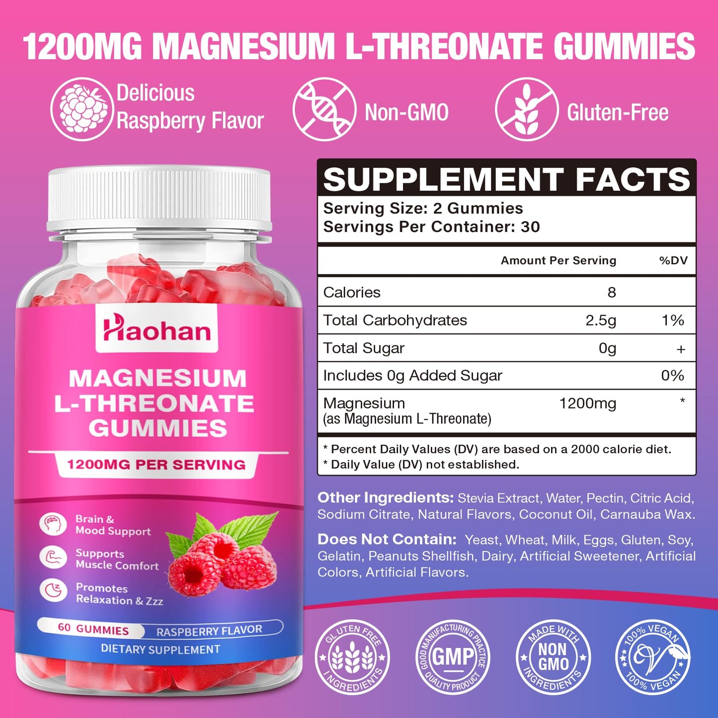 Haohan Magnesium L-Threonate 1200mg Gummies, 2 Count
