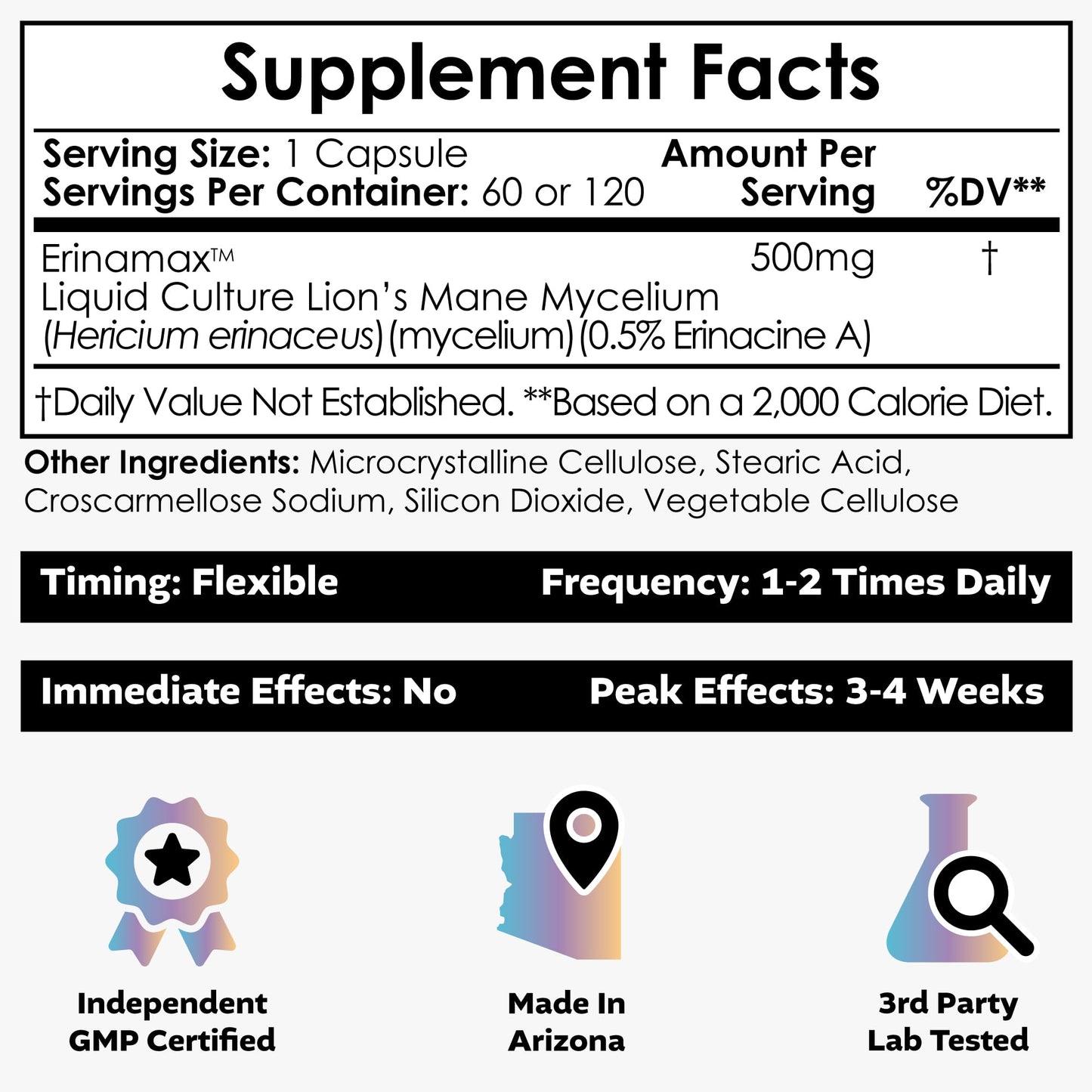Nootropics Depot Erinamax Lion's Mane 500mg Capsules, 60 Count
