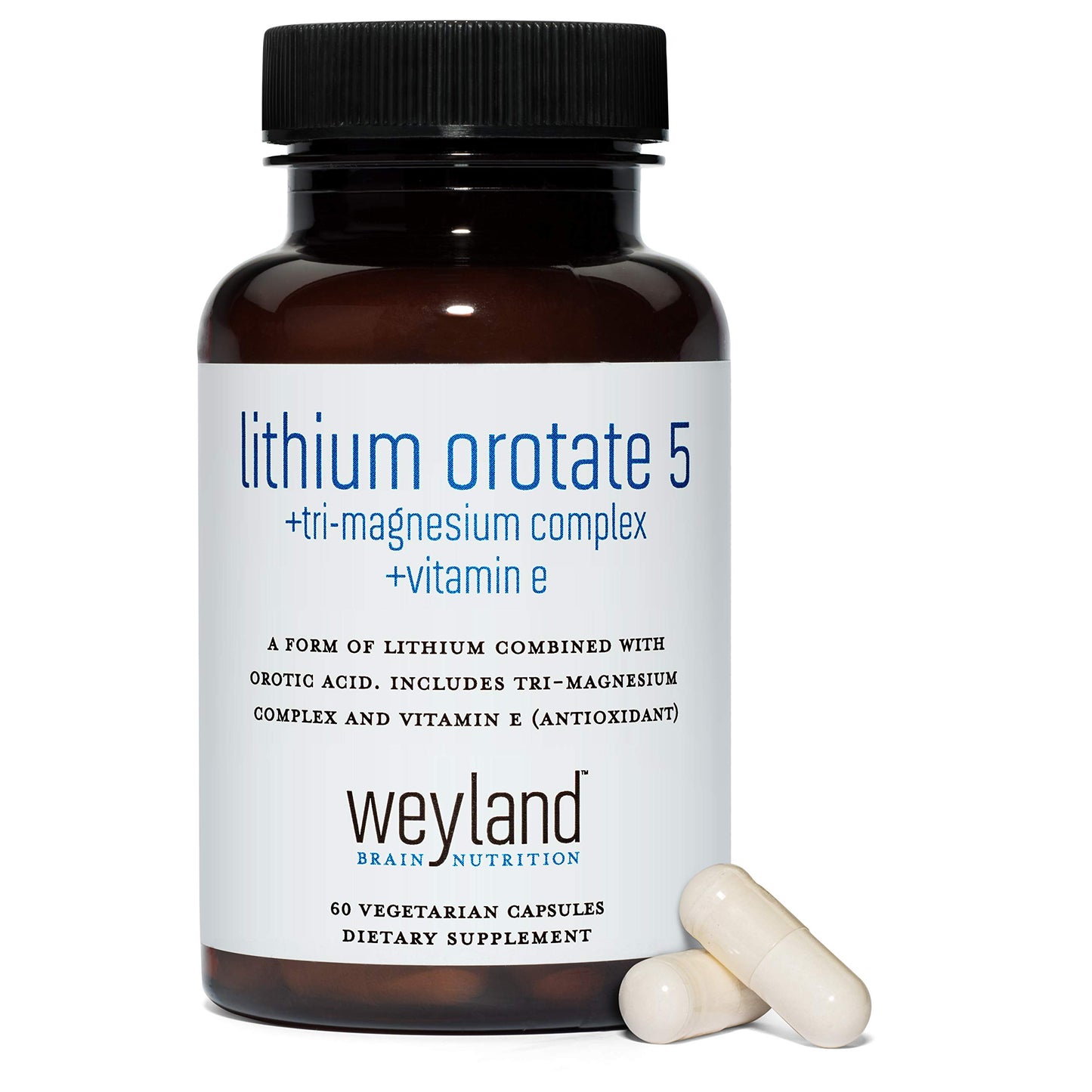 Weyland Brain Nutrition Lithium Orotate 5mg + Tri-Magnesium Threonate, Taurinate, Malate + Glycine + Vitamin E, 60 Capsules