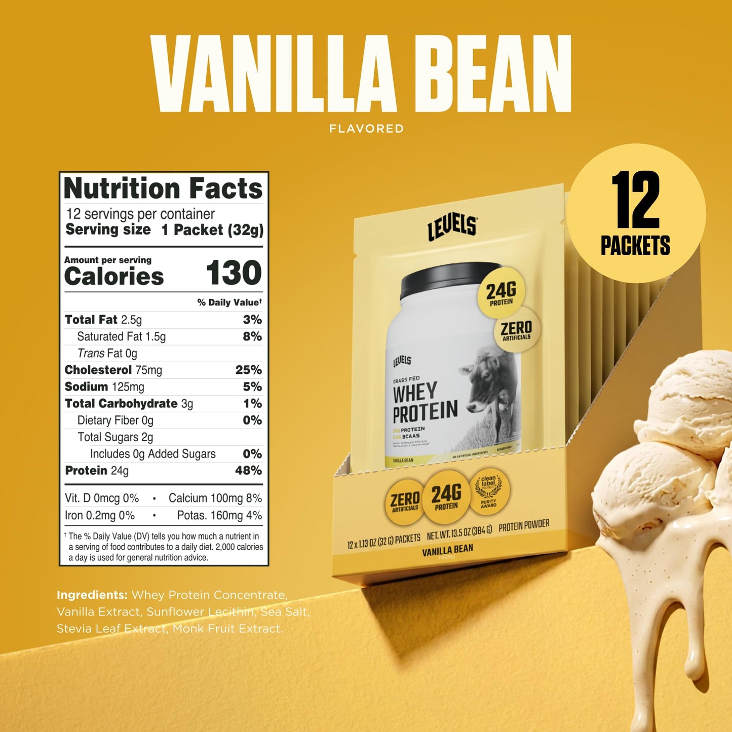 Levels Nutrition Grass Fed Whey Protein Powder Vanilla Bean, 14 Count