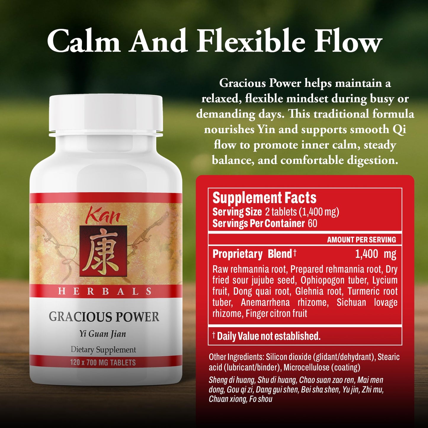 Kan Herbals Gracious Power Traditional Chinese Herbal Formula with Rehmannia and Dong Quai to Nourish Yin, Support Relaxed Mood, and Promote Smooth Qi Flow for Daily Balance, 120 Tablets