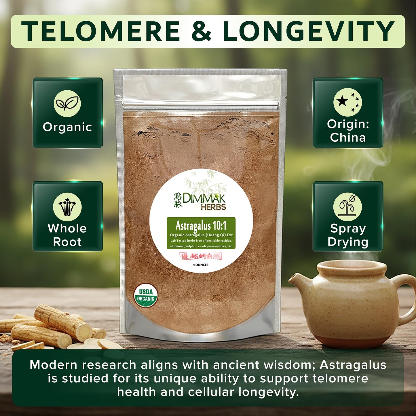 Dimmak Herbs Organic Astragalus Root Extract 10:1 Powder 4 Ounce