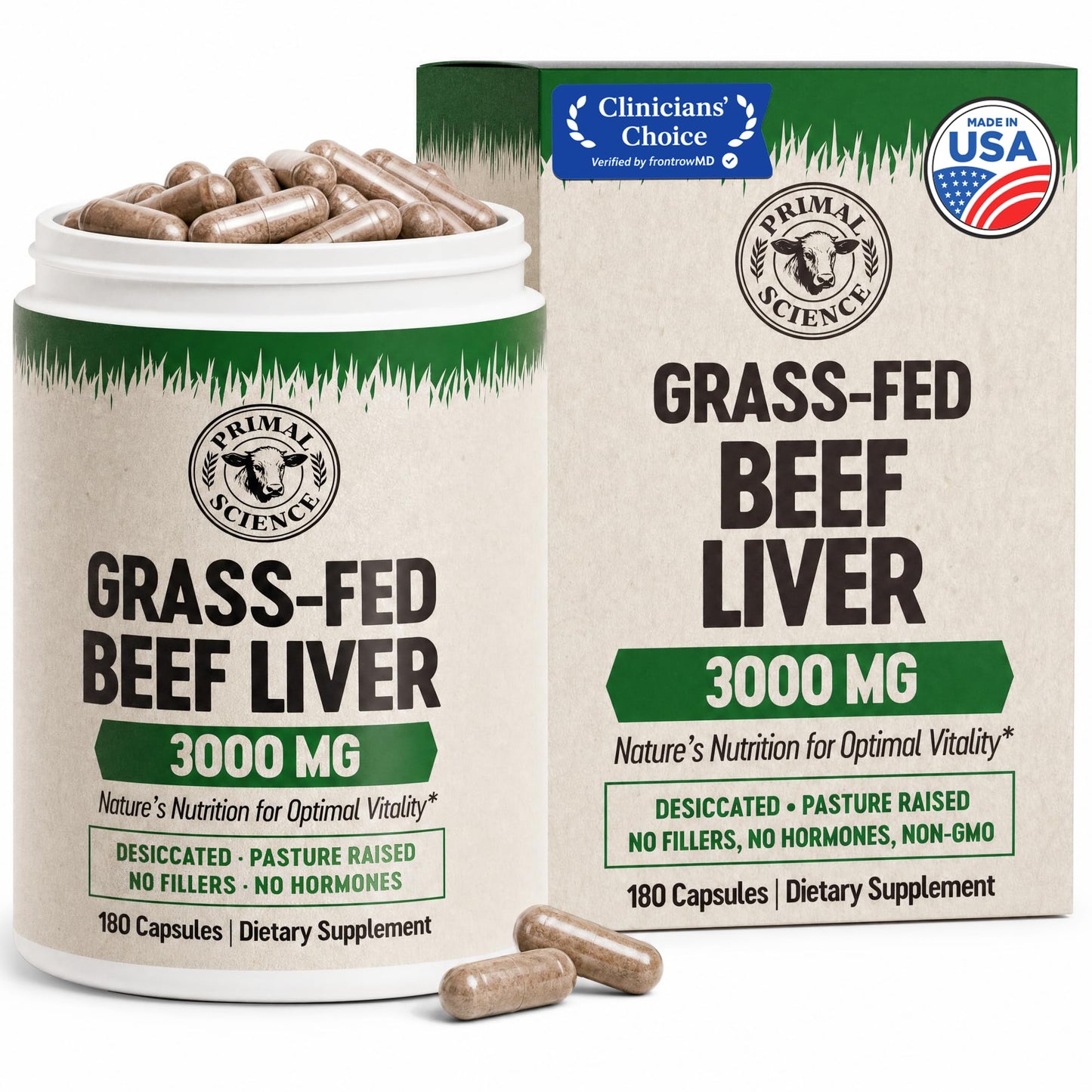 Primal Science Grass Fed Beef Liver Capsules 3000mg Desiccated Liver Supplement 100% Pasture Raised & Freeze Dried Natural Iron, Vitamin A & B12 for Energy Non-GMO, No Fillers 180 Count