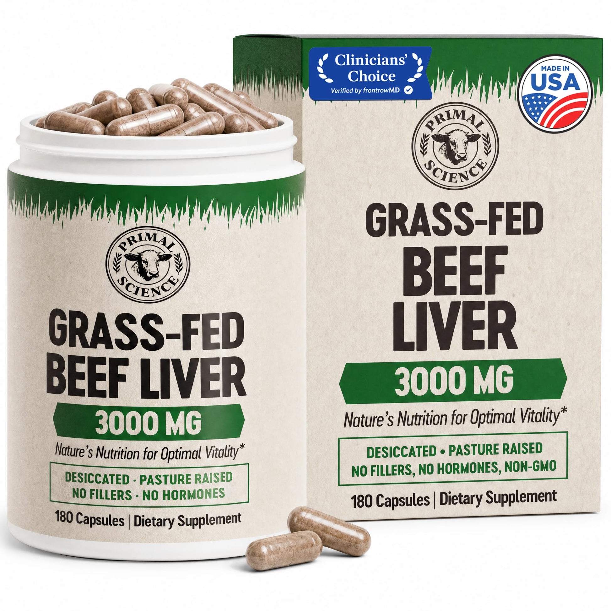 Primal Science Grass Fed Beef Liver Capsules 3000mg Desiccated Liver Supplement 100% Pasture Raised & Freeze Dried Natural Iron, Vitamin A & B12 for Energy Non-GMO, No Fillers 180 Count