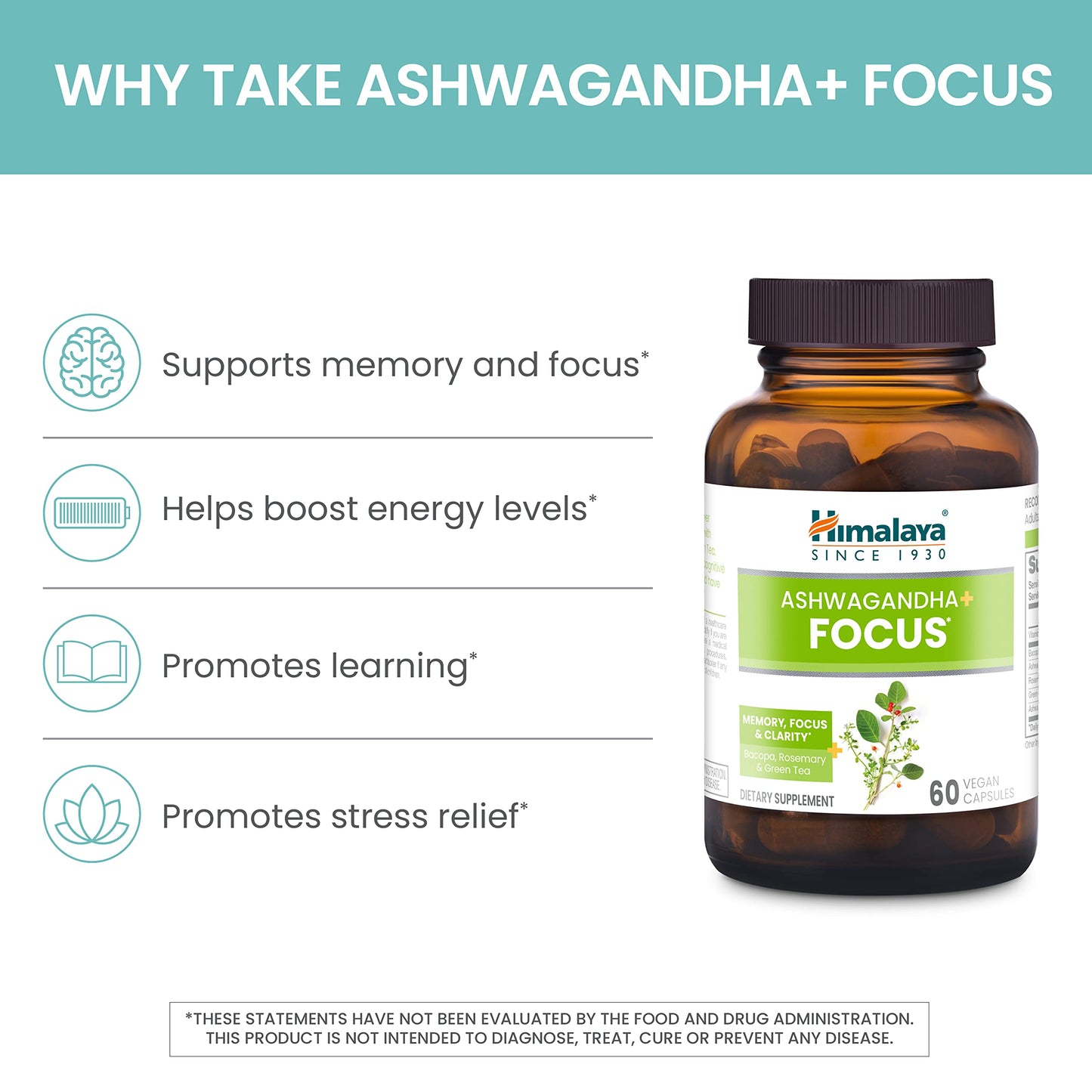 Himalaya Ashwagandha+ Focus - Herbal Focus Supplement with B12, Rosemary, Green Tea, and Bacopa Nootropics for Memory and Clarity Capsules, 60 Count