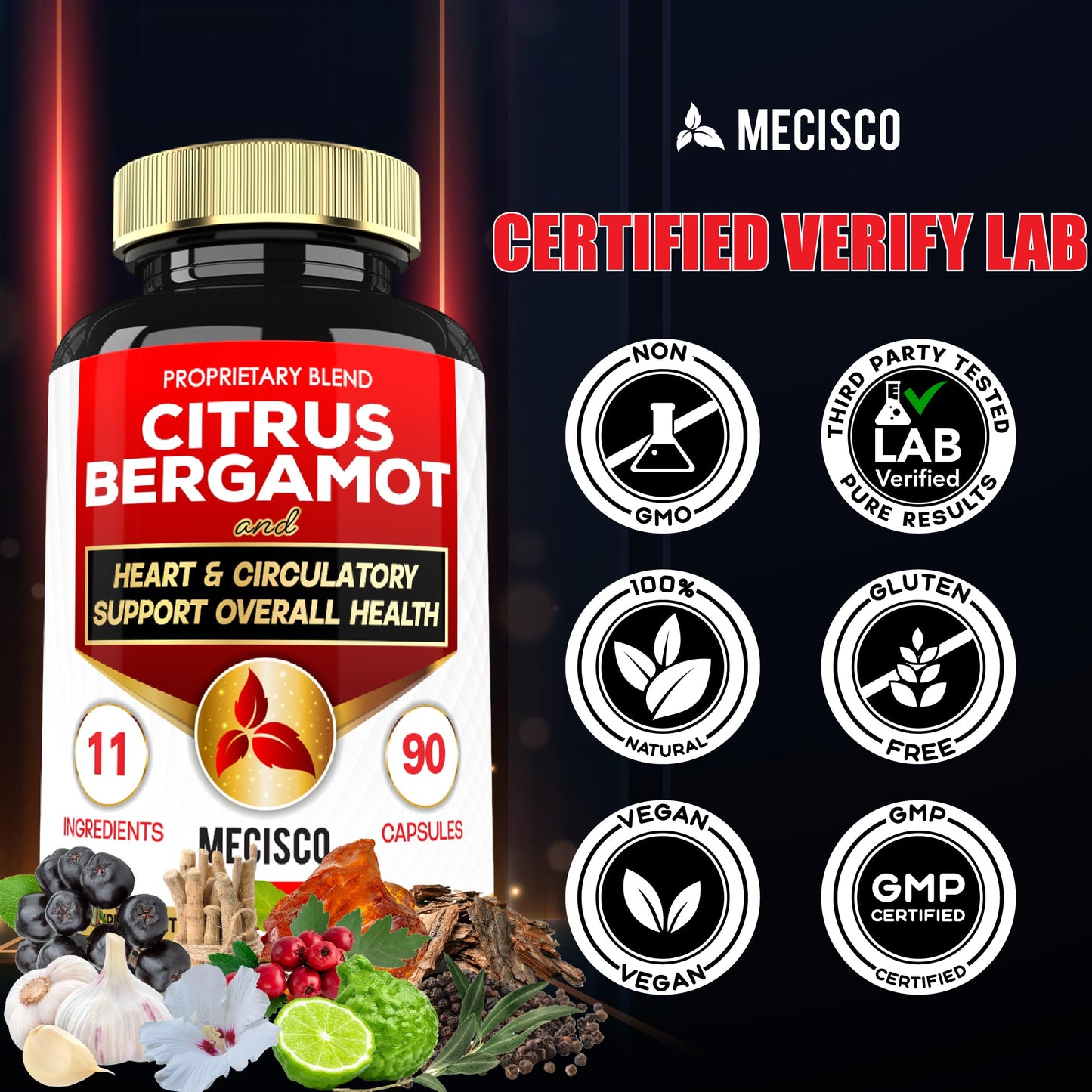 Mecisco 11 in 1 Citrus Bergamot Supplement 1000mg with Black Chokeberry, Berberine HCl & More Capsules, 90 Capsules
