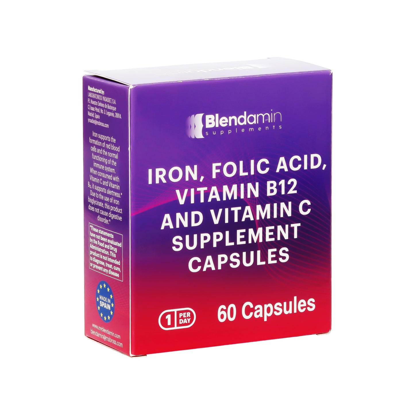 Blendamin Iron Ferrous Bisglycinate with Vitamins B12 Cyanocobalamin, Folic Acid, Vitamin C, Red Cells Formation, Blood & Immunity Health Capsules, 60 Capsules