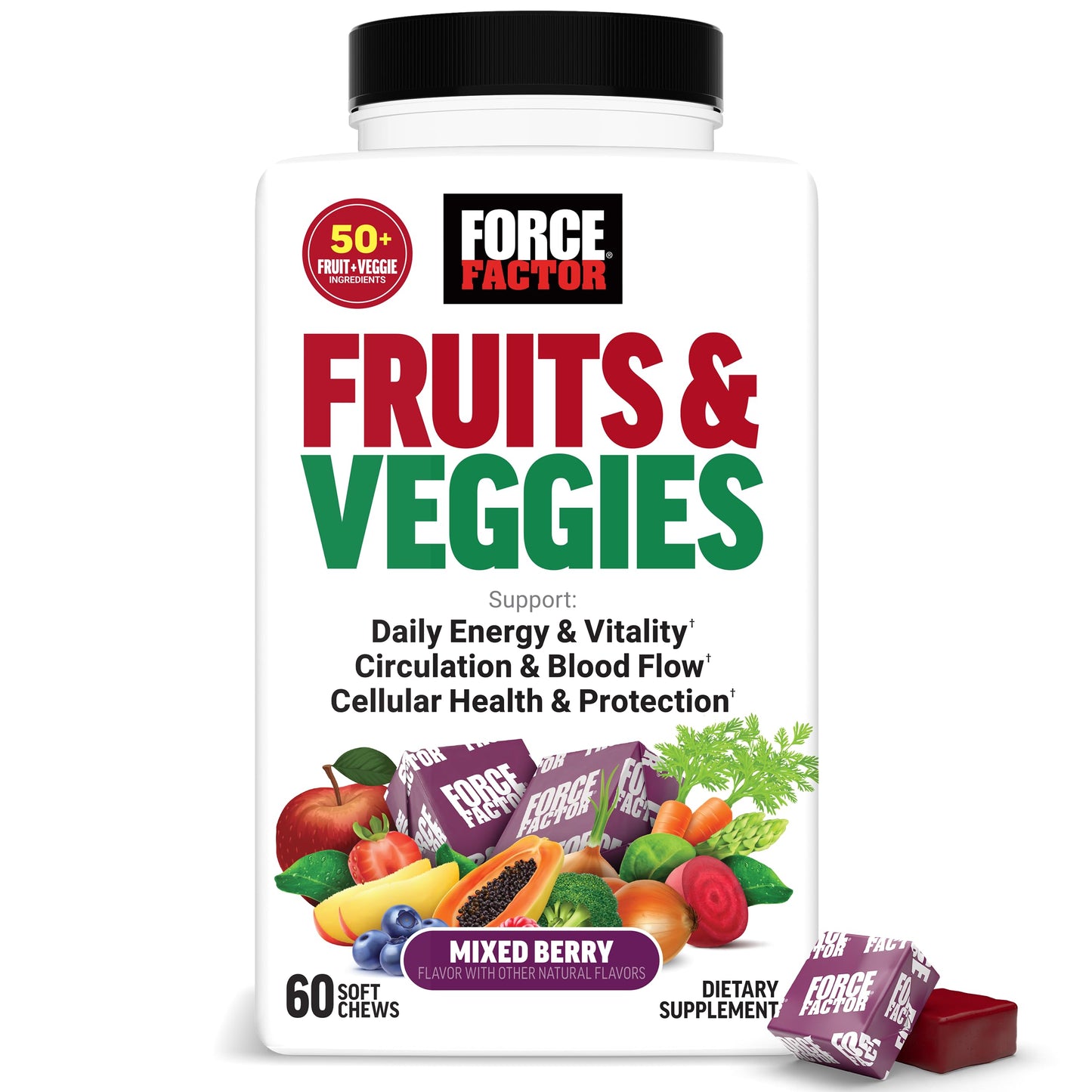 Force Factor Fruits & Veggies Supplement for Adults Chewable 60 Count