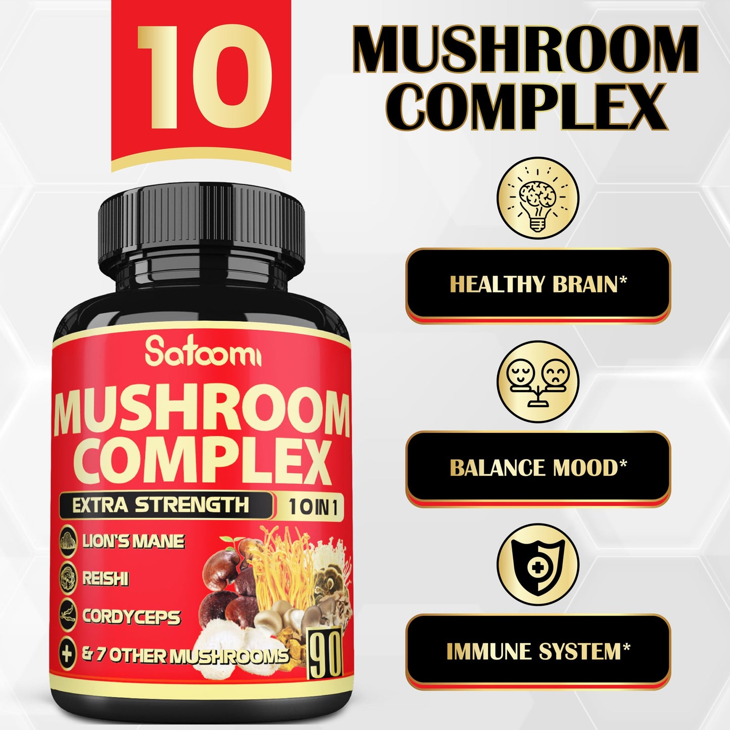 Satoomi 10-in-1 Mushroom Supplement Complex Capsules 90 Count