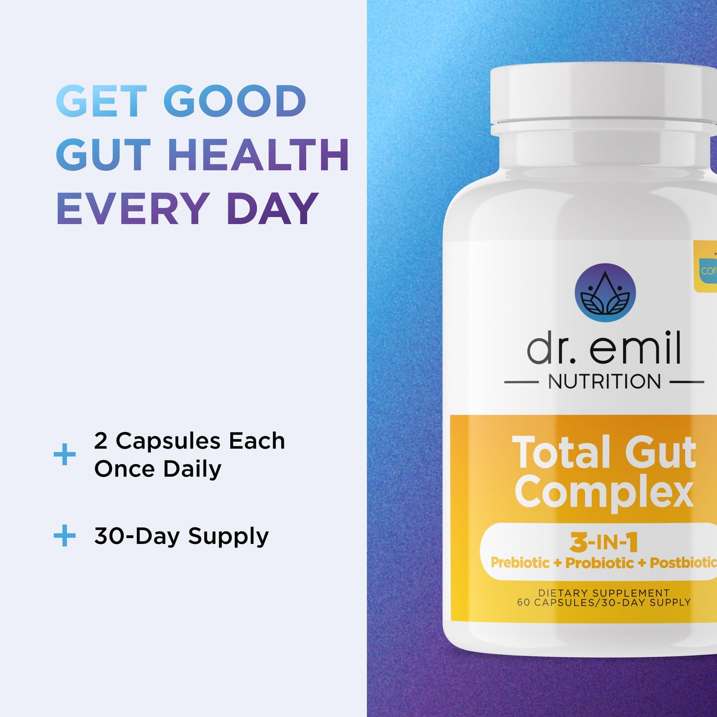 Dr. Emil Nutrition Total Gut Health Complex Prebiotic, Probiotic & Postbiotic Supplement Capsules, 60 Count