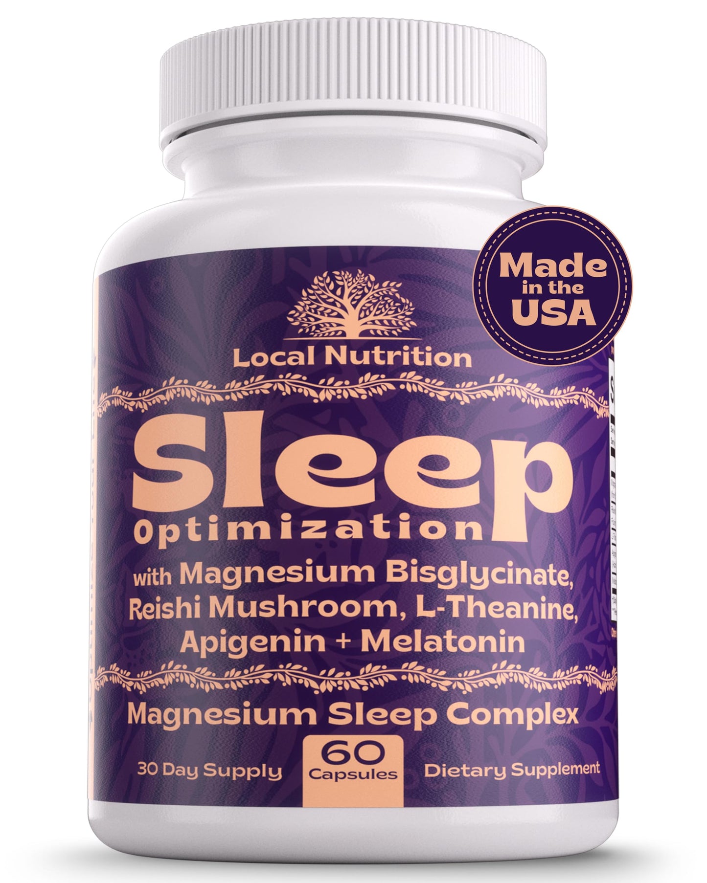 Local Nutrition Natural Sleep Aid with Magnesium Glycinate, Reishi Mushroom Extract, L-Theanine, Apigenin, and Melatonin, 60 Capsules