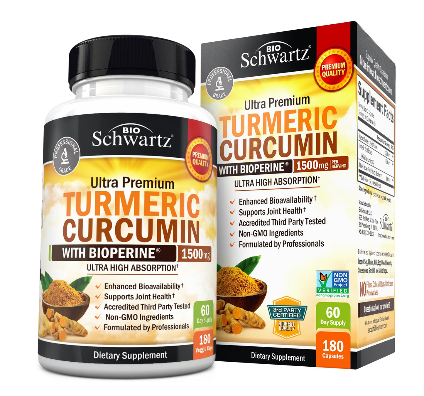 BioSchwartz Turmeric Curcumin with Black Pepper Extract 1500mg, High Absorption Turmeric Supplement with 95% Curcuminoids and BioPerine, Non-GMO Turmeric Capsules for Joint Support, 180 Capsules