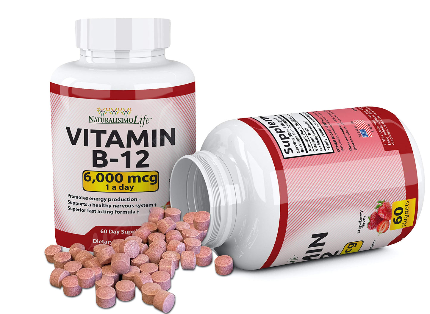 NaturalisimoLife Vitamin B12 6,000 mcg Quick Dissolve Strawberry Flavor Nuggets 60 Tablets
