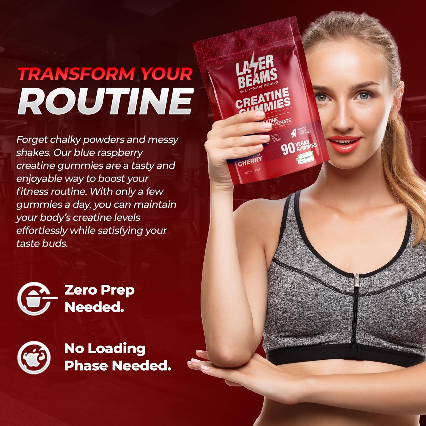 Laser Beams Creatine Monohydrate Gummies - 5g Creapure per Serving - Vegan, Gluten-Free - 90 Gummies
