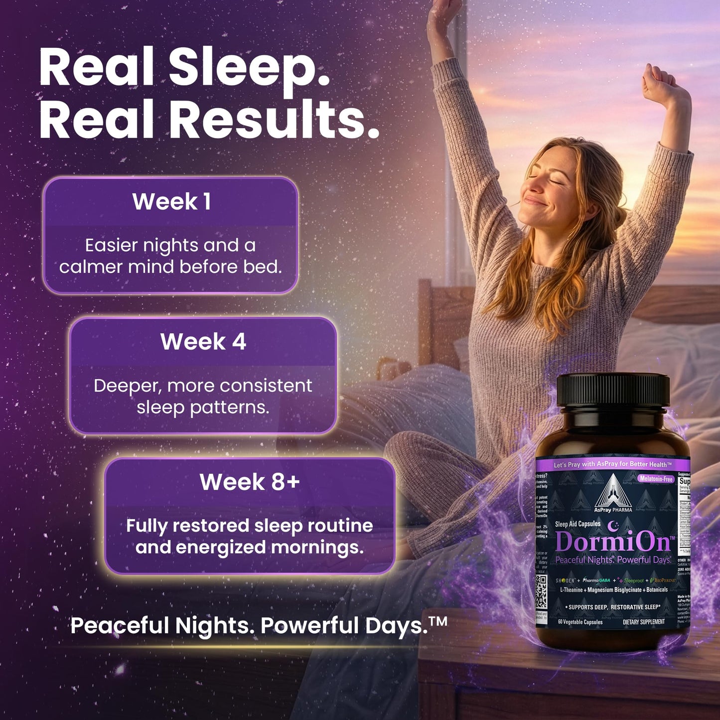 AsPray Pharma DormiOn Melatonin-Free 10-in-1 Stress Relief-Cortisol Reducer, Restorative Deep Sleep Aid for Adults – Clinically Studied Ashwagandha, GABA, Valarian and Magnesium, Non-Habit Forming, Vegan, 60 Capsules