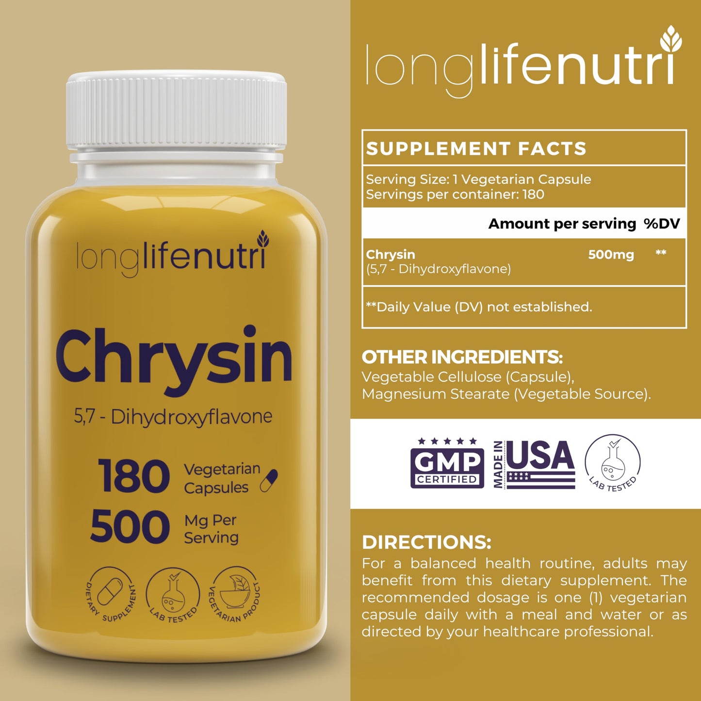 LongLifeNutri Chrysin 500mg Capsules, 180 Count