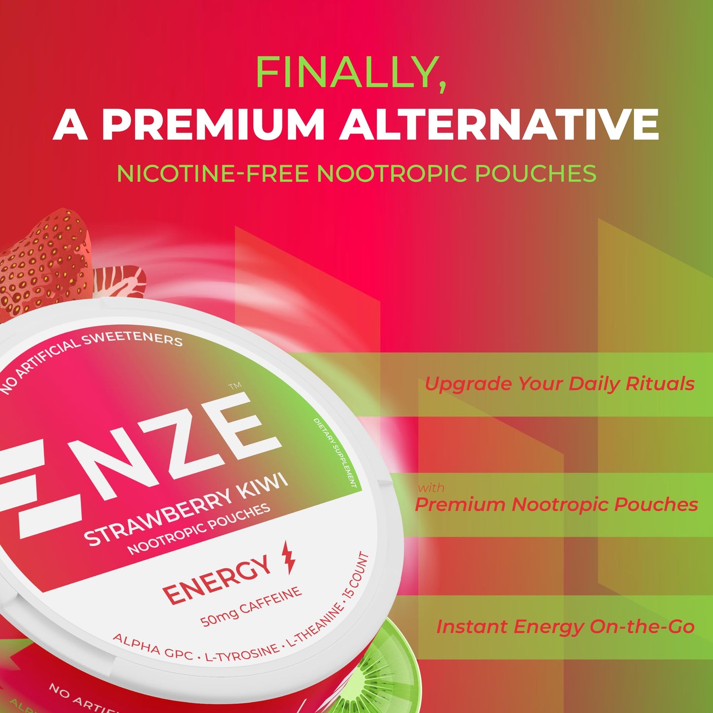 NZE Caffeine Nootropic Pouches (Strawberry Kiwi) Caplet, 5 Count