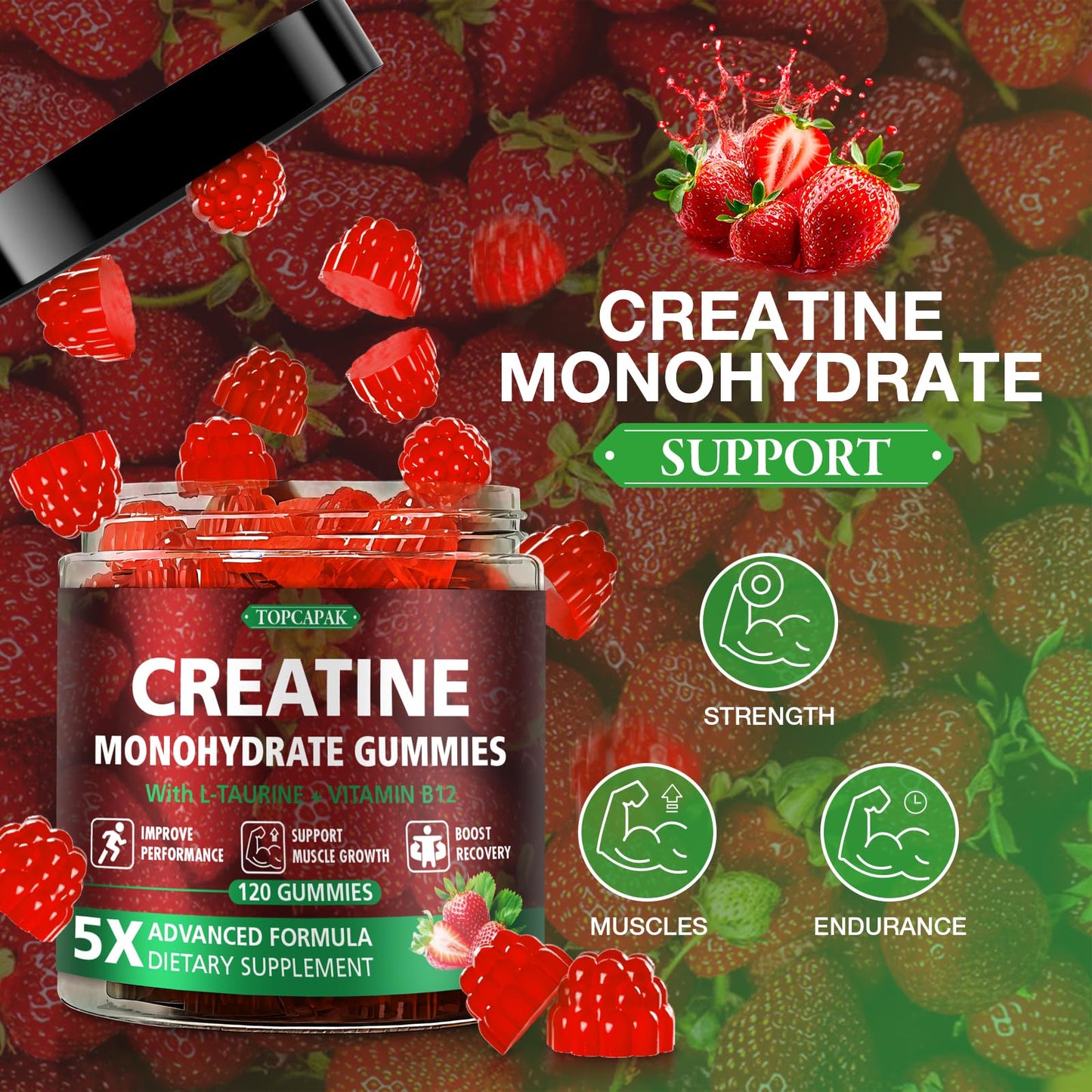 TOPCAPAK Creatine Gummies for Men & Women, Chewable Creatine Gummy with Taurine & Vitamin B12, 5g Creatine Monohydrate per Serving, 120 Gummies