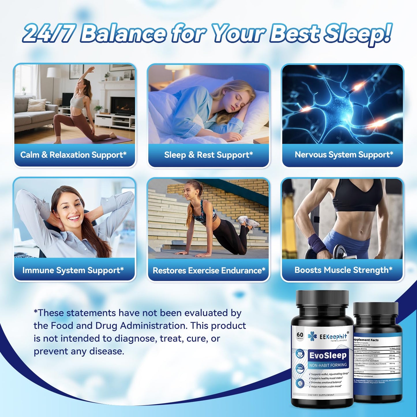 EEKEEPHIT 6 in 1 Melatonin-Free Sleep Aid Sleep Complex with Ashwagandha, GABA, L-Theanine & 5-HTP, VIT B6(P5P) for Adults, Supports Deep Relaxation, Capsule, 60 Capsules