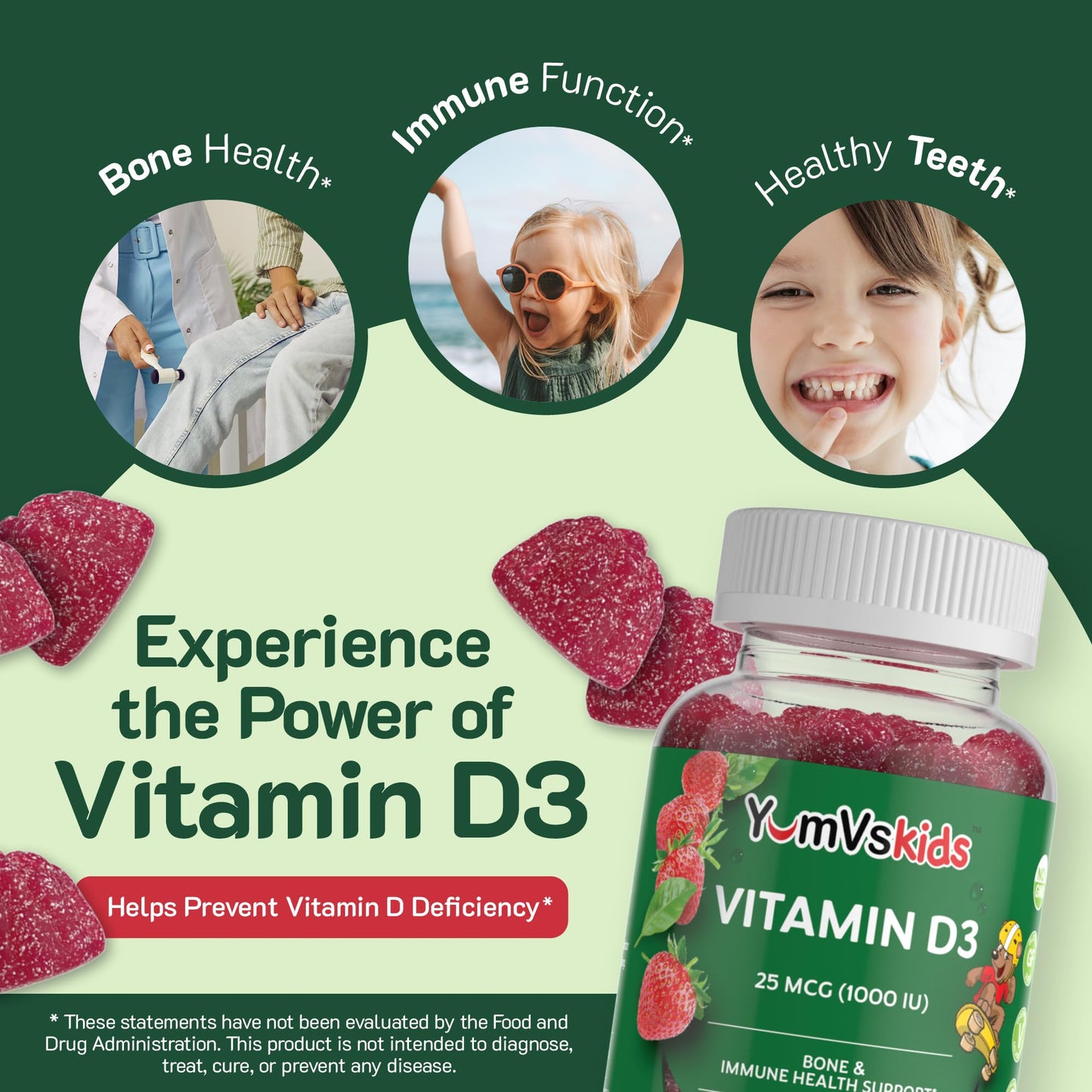 YUM-V'S Vitamin D Gummies for Kids Vitamin D3 1000 IU Chewable 60 Count
