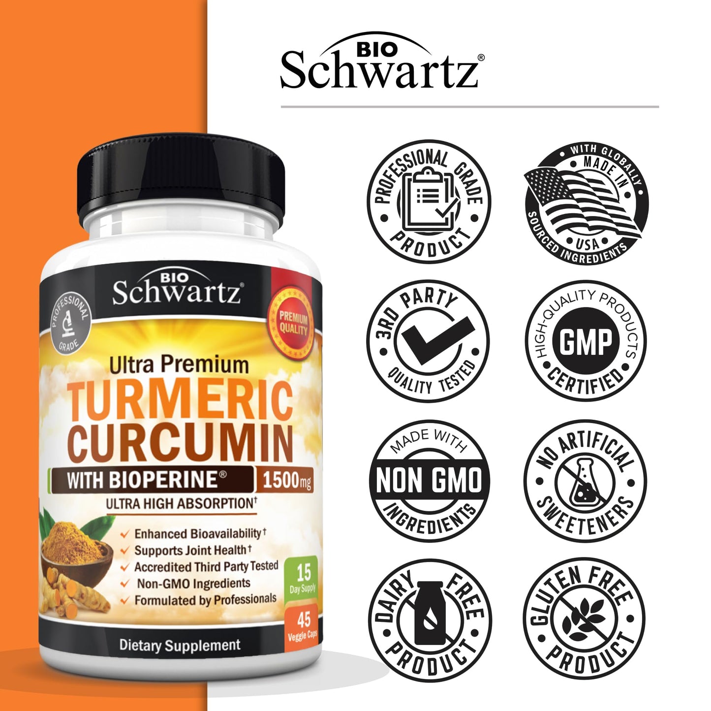 BioSchwartz Turmeric Curcumin with Black Pepper Extract 1500mg Capsules, 45 Count