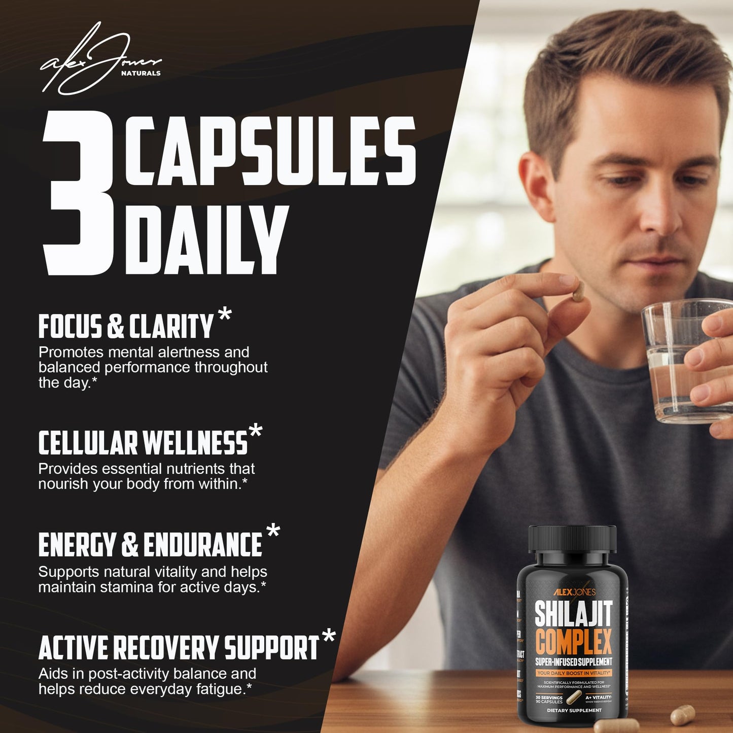 Alex Jones Naturals Shilajit Complex for Men, Ashwagandha, Sea Moss & CoQ10 Shilajit Capsules, 90 Capsules
