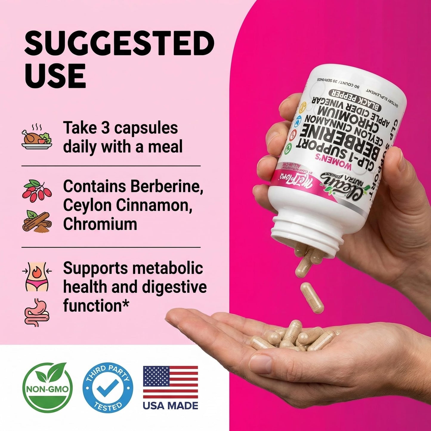 Clean Nutraceuticals Berberine 1000mg Capsule with Apple Cider Vinegar, Women's Metabolic Support with Cinnamon, Chromium Picolinate 1000mcg & Black Pepper Extract, Metabolic Wellness, 90 Count
