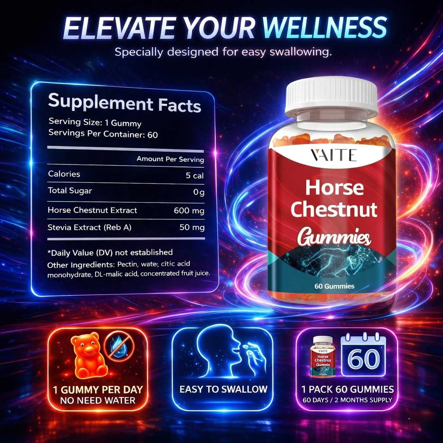 VAITE Horse Chestnut Extract Supplement Gummy 60 Count