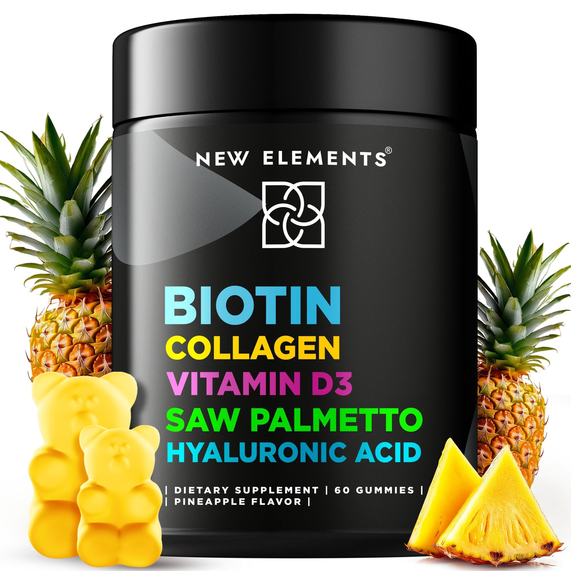 New Elements Biotin Gummies with Collagen Vitamin D3 Saw Palmetto & Hyaluronic Acid, 60 Count