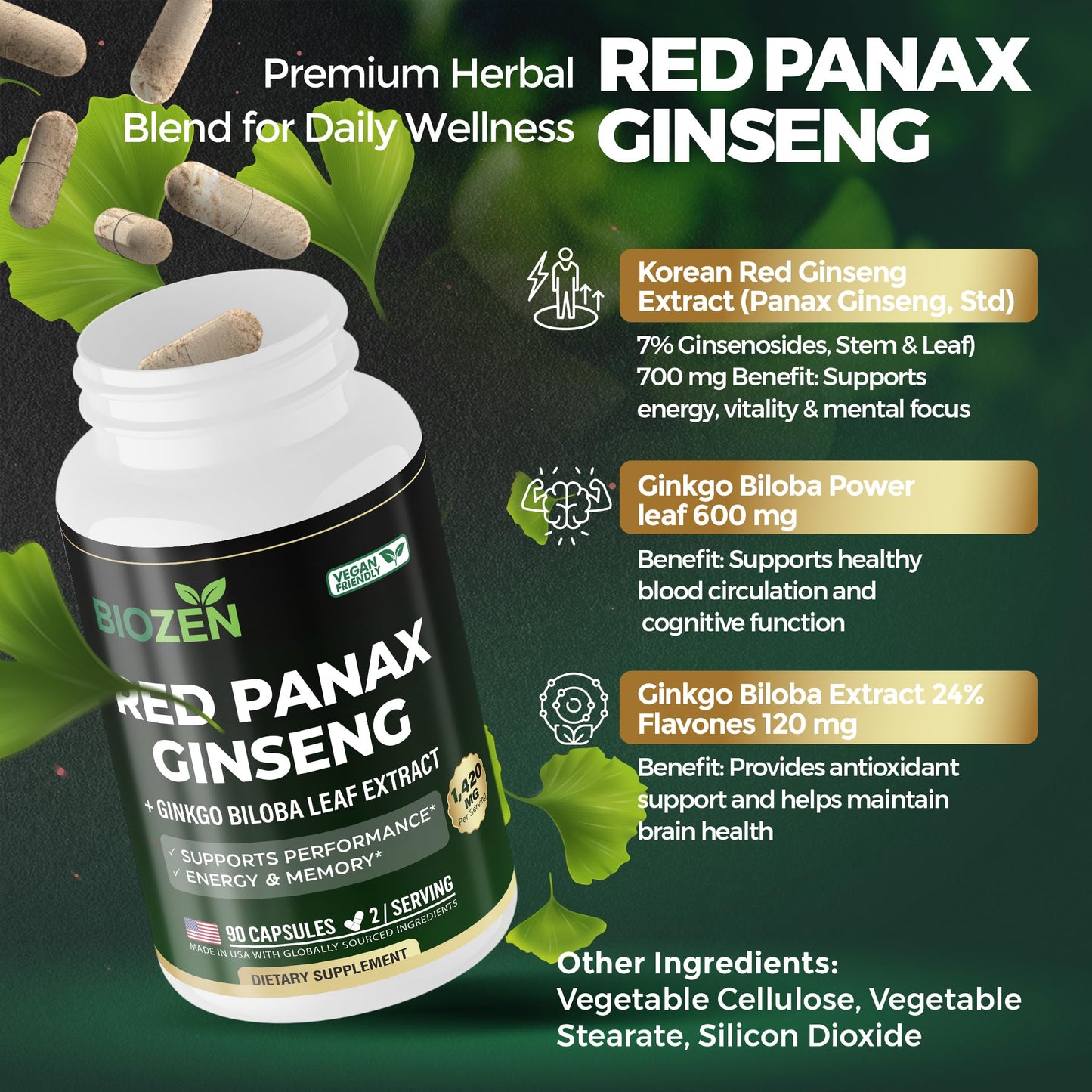 Biozen Korean Red Panax Ginseng + Ginkgo Biloba 1420mg Capsule 90 Count