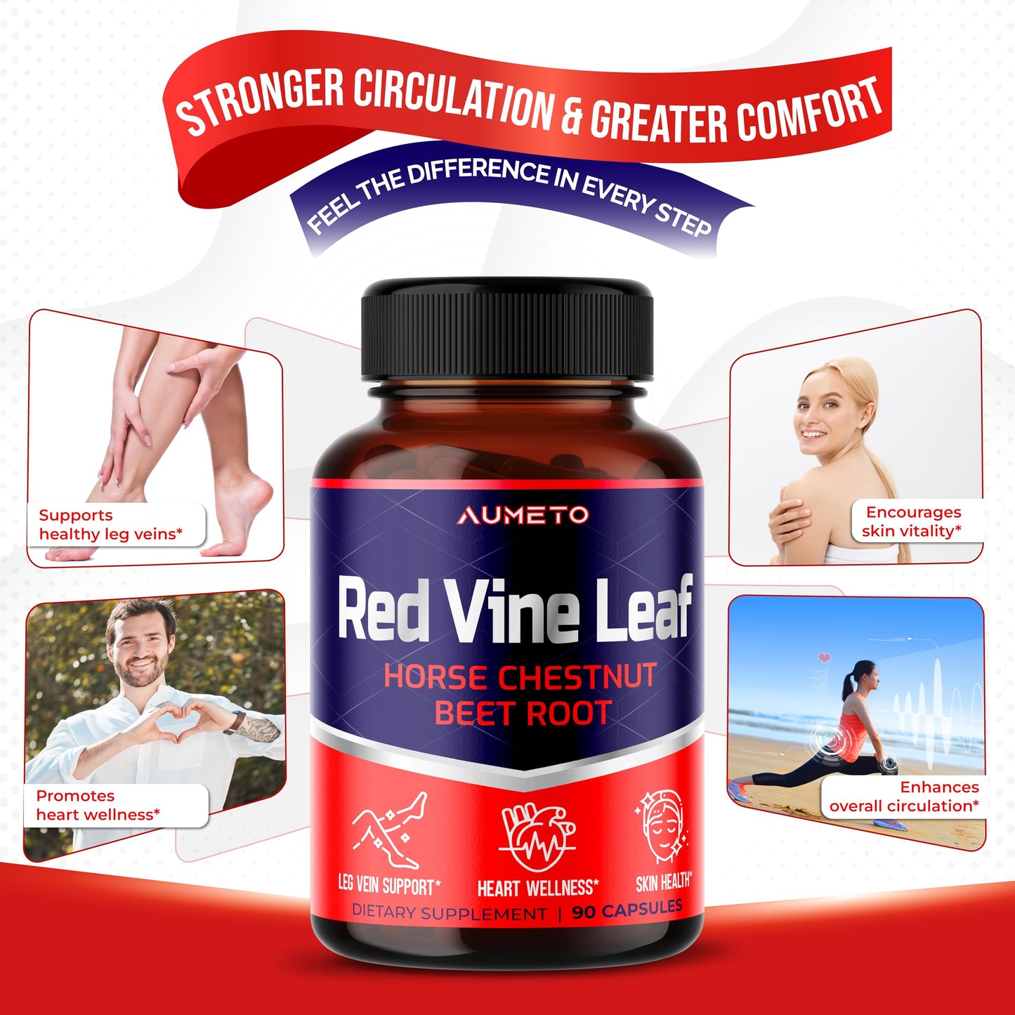 AUMETO Red Vine Leaf Supplement with Horse Chestnut, Beetroot, Ginger Capsules 90