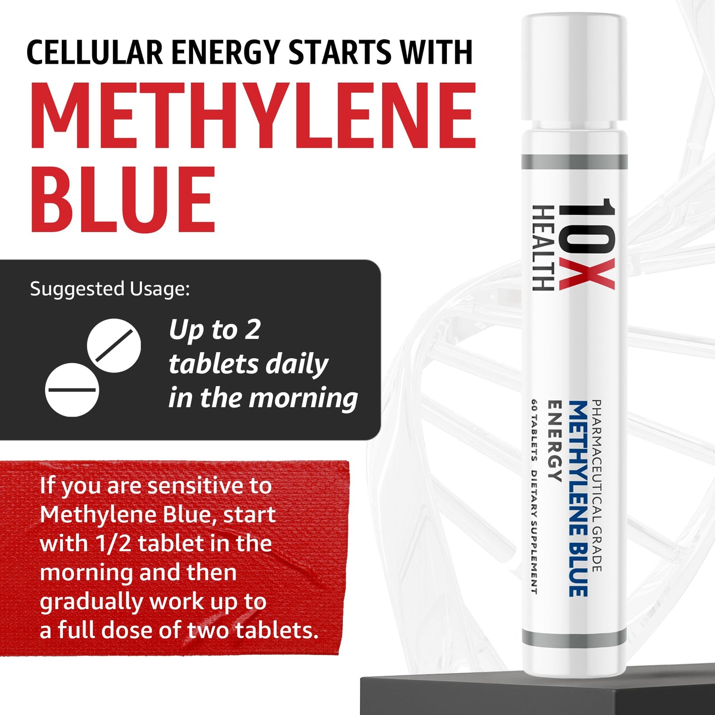 10X Health System Methylene Blue Tablets - Methylene Blue Supplement with NAC, Niacinamide & Glycine - Supports Cellular Energy, Focus & Cognitive Function, 60 Tablets