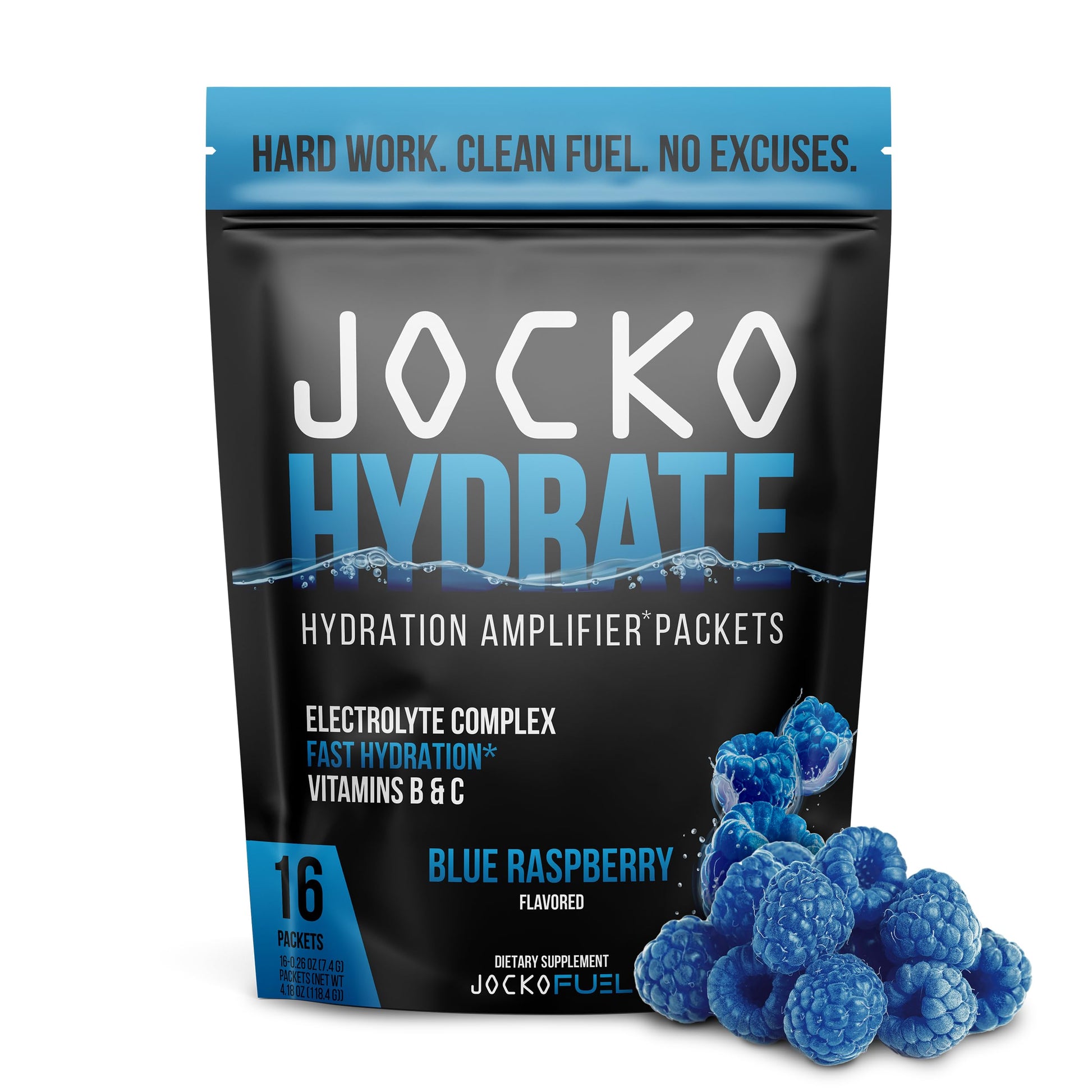 Jocko Fuel Hydrate Electrolytes Powder, 16 Packets, Blue Raspberry