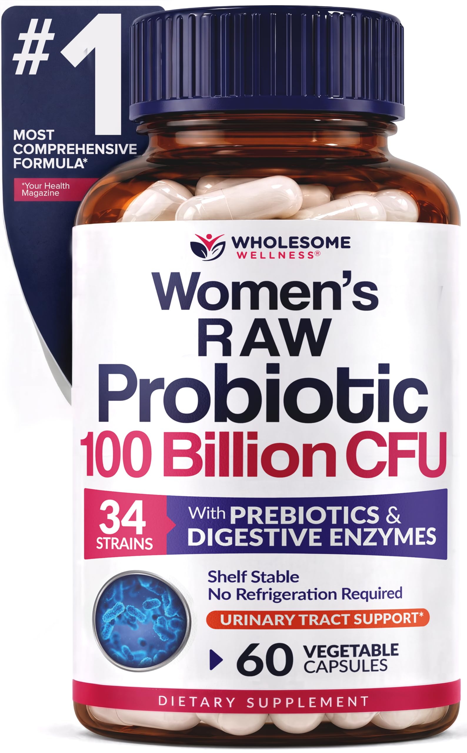 Wholesome Wellness Dr. Formulated Raw Probiotics for Women 100 Billion CFUs Capsules, 60 Count