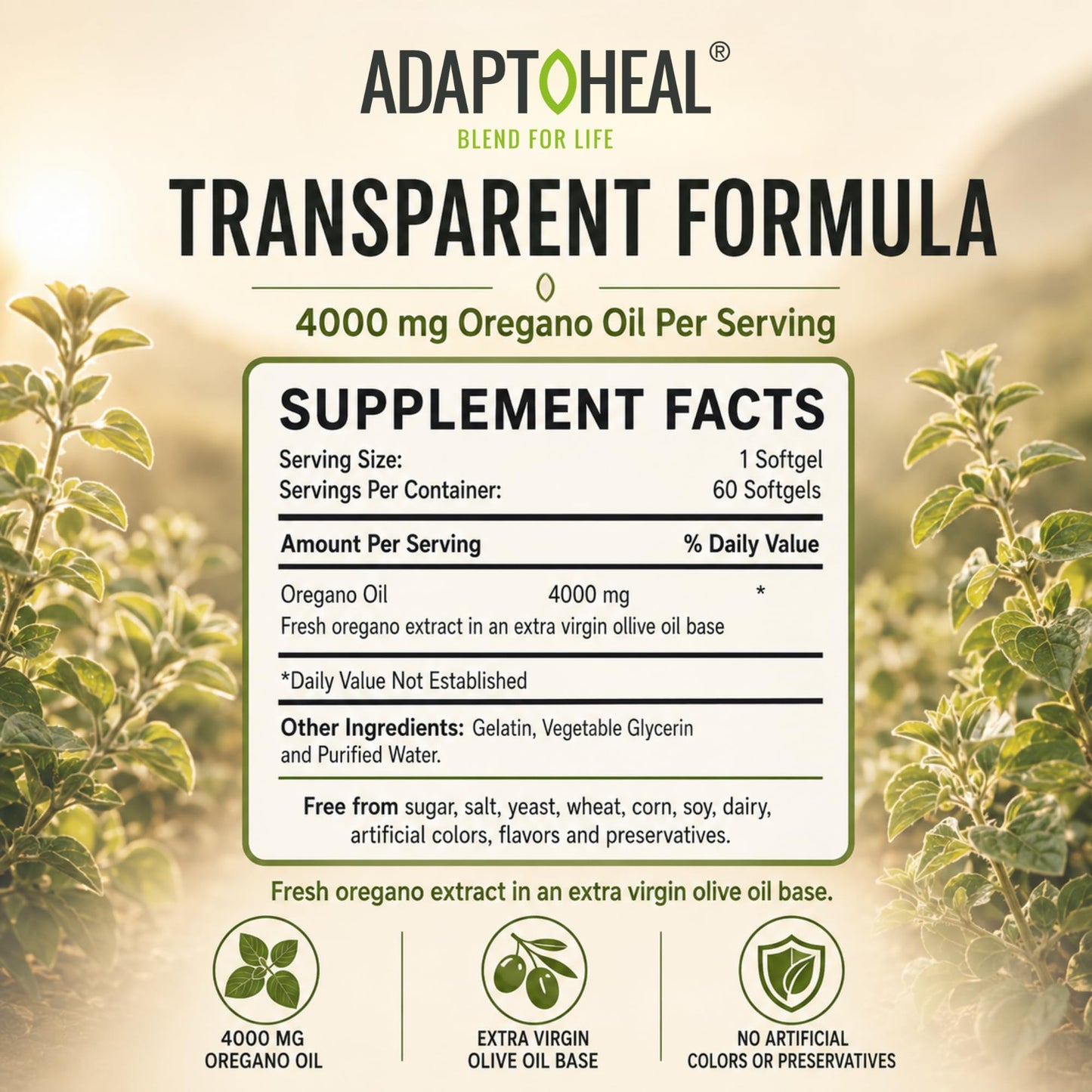 ADAPTOHEAL Oil of Oregano with 15% Carvacrol 4000mg Softgels, 60 count