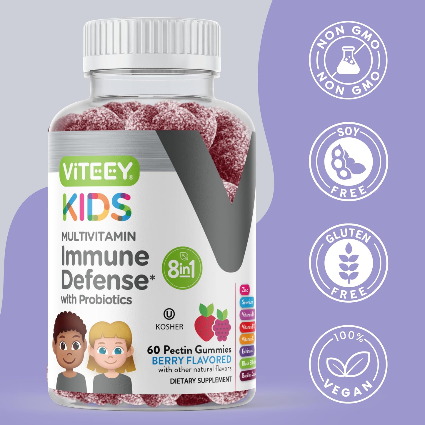 Viteey Kids Multivitamin Gummies with Probiotics - 8-1 Kids Vitamins Gummy 60 Count