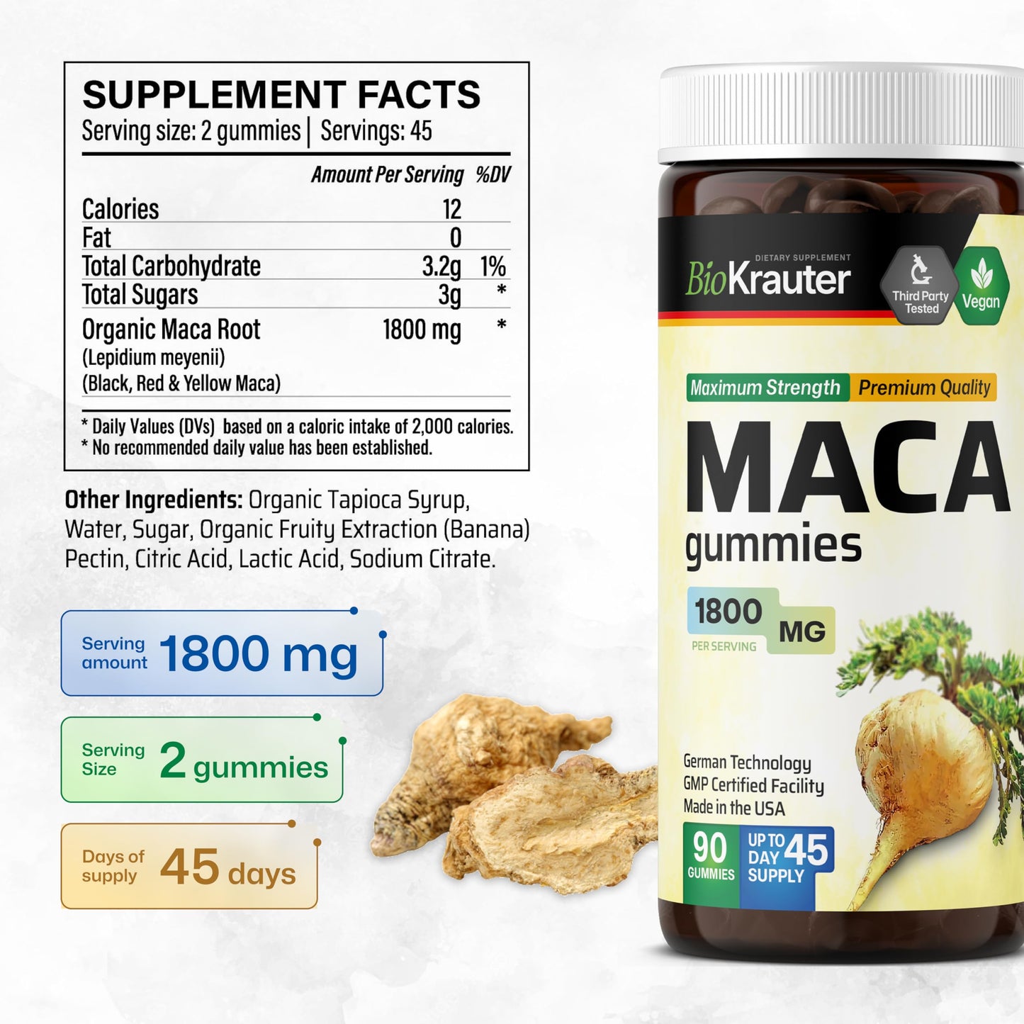 BIO KRAUTER Maca Root for Women and Men - Black, Red & Yellow Maca Supplement 1800 mg, Gummies, 90 Count