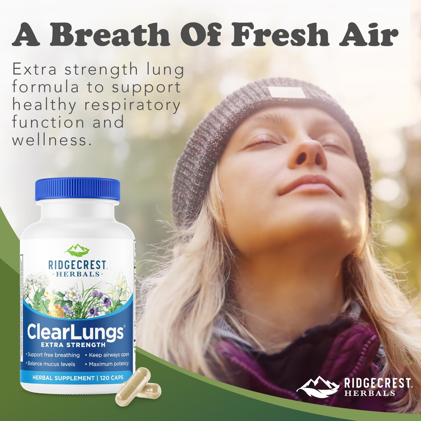 RidgeCrest Herbals ClearLungs Extra Strength Daily Health Supplement Natural Lung and Nasal Wellness Formula Capsules 120