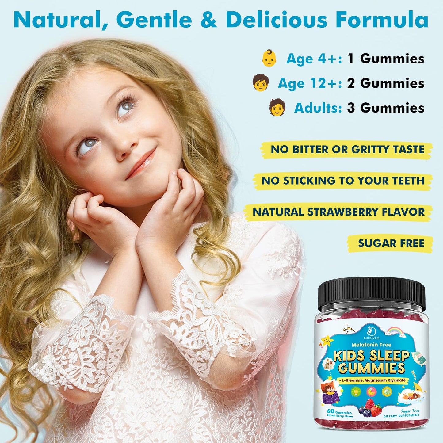LUCNVEM Kids Sleep Gummies with Magnesium Bisglycinate – Melatonin-Free Bedtime Relaxation Support for Kids – L-Theanine, GABA, Chamomile & Lemon Balm – Sugar Free, 120 Gummies