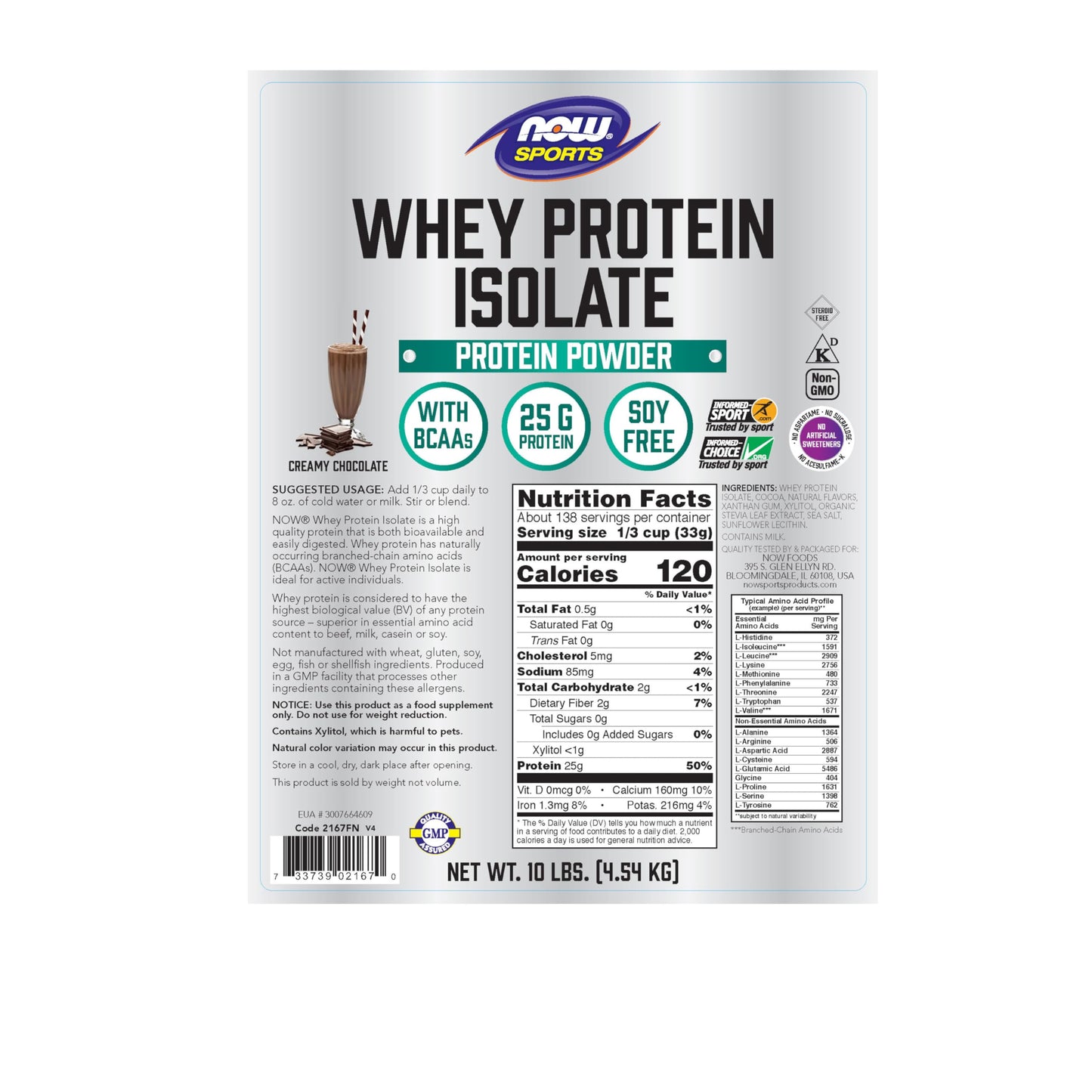 NOW Foods Whey Protein Isolate Powder, Creamy Chocolate, 160 Servings, 10 Pound