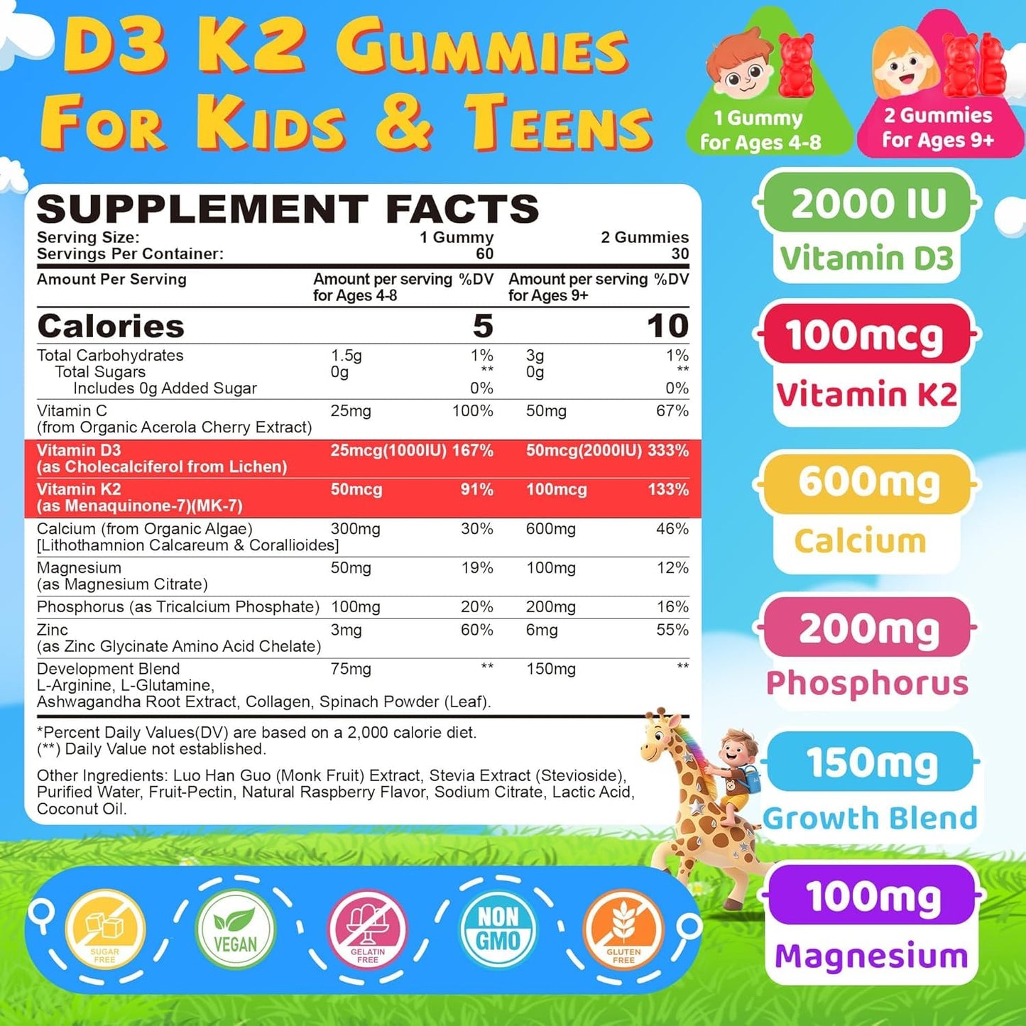 NEVISS Kids & Teens Vitamin D3 K2 Gummies + Calcium, Magnesium, Zinc, Phosphorus C, 60 Gummies