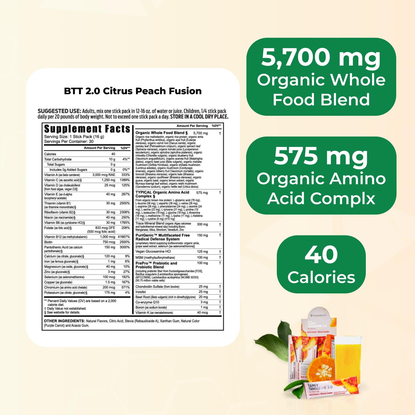 Youngevity Beyond Tangy Tangerine 2.0 Citrus Peach Infusion Powder, 30 Count