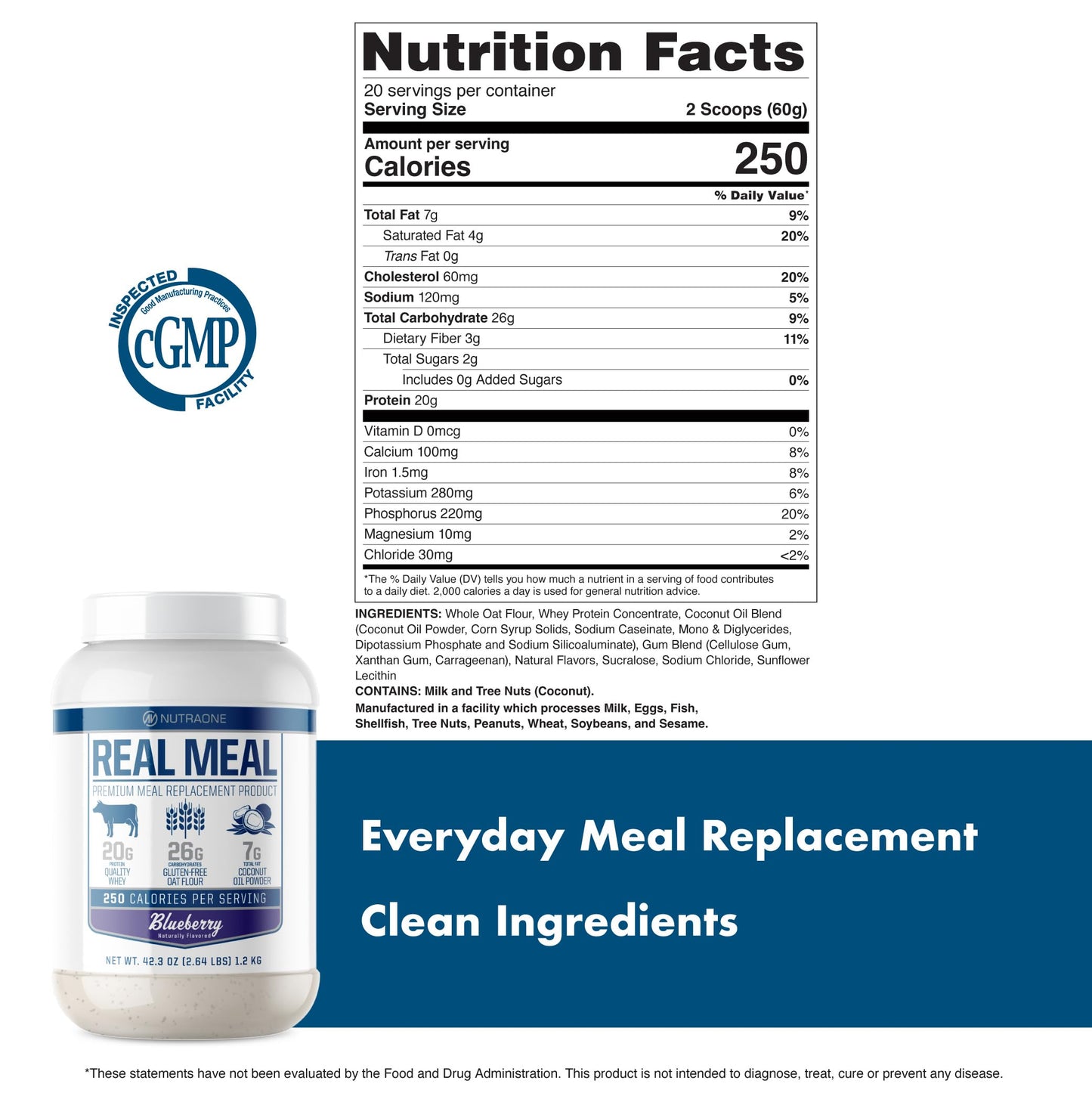 NutraOne Real Meal Replacement Powder Blueberry, 2.64 lb